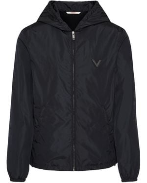 Valentino Logo Plaque Zip-Up Hooded Jacket - Black