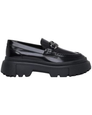Hogan Logo Plaque Round-Toe Loafers - Black