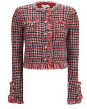 Self-Portrait Fringed Checked Knitted Jacket - Pink