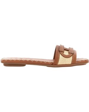 Hogan H685 Raffia-Trim Flat Sandals - Brown