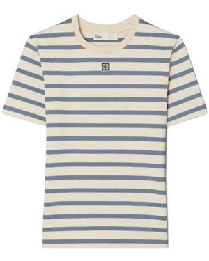 Tory Burch Striped Embroidered T-Shirt - Grey