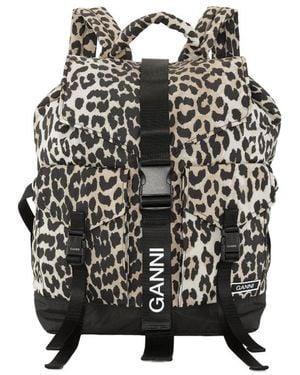 Ganni Leopard Printed Drawstring Backpack - Black