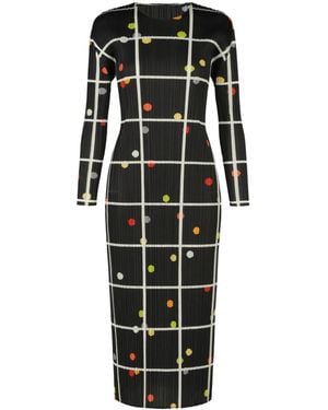 Pleats Please Issey Miyake Pleats Please Issey Miyake Round Neck Pleated Grid Print Dress - Black