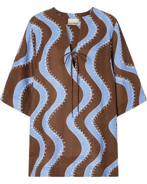 ALÉMAIS Frankie Wave-Print Tie-Neck Mini Dress - Blue