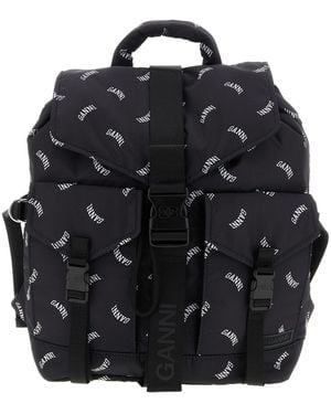 Ganni Logo-Print Buckle Backpack - Black