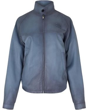 Miu Miu Standcollar Faded Leather Jacket - Blue