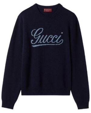 Gucci Logo Intarsia Crewneck Knitted Sweater - Blue