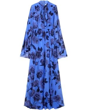Erdem Pussy-Bow Gathered Floral-Print Silk-Voile Gown - Blue