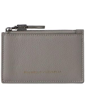 Brunello Cucinelli Grained Calfskin Card Case With Shiny Zipper Pull - Gray