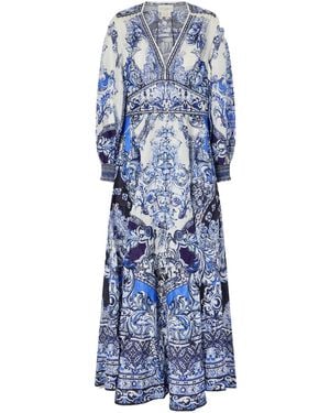 CAMILLA Crystal-Embellished Printed Linen And Silk-Blend Maxi Dress - Blue