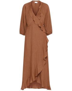 Marella Linen Midi Wrap Dress - Brown