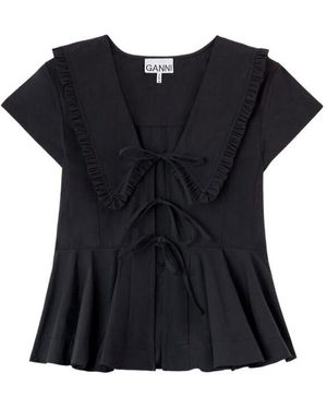 Ganni Ruffled Peplum Tie-Front Top - Black