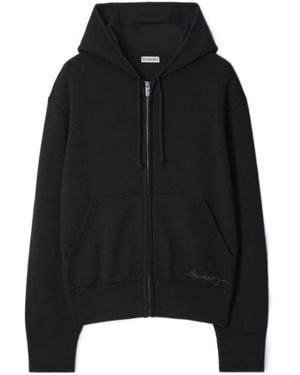 Burberry Logo Embroidered Zip-Up Drawstring Hoodie - Black