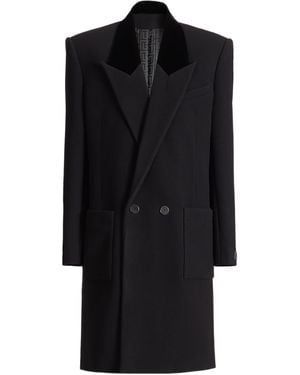 Balmain Long Wool And Velvet Coat - Black