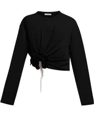 Area Crystal-Flower Draped Top - Black
