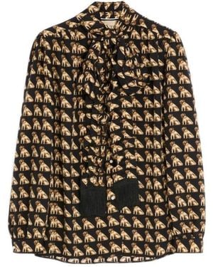 Valentino Elephant Print Bow Neck Blouse - Brown
