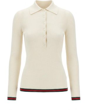 Gucci Ribbed Knit Long-Sleeve Polo Shirt - White