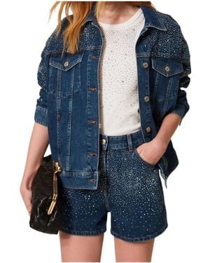 Twinset Rhinestone-Detail Denim Shorts - Blue