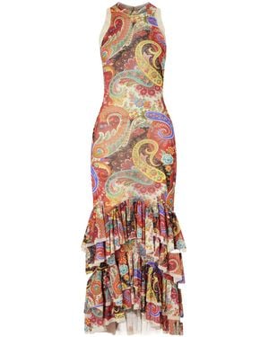 Etro Ruffled Paisley-Print Chiffon Midi Dress - White