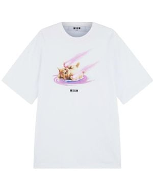 MSGM 'Space Cat' Designs Cotton T-Shirt With Round Neck - White