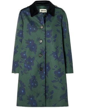 ShuShu/Tong Velvet-Trimmed Floral-Print Woven Trench Coat - Green