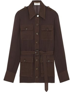 Saint Laurent Saharienne Belted Long-Sleeved Dress - Brown