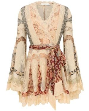 Zimmermann Lacepanel Wrapfront Bellsleeve Mini Dress - Natural