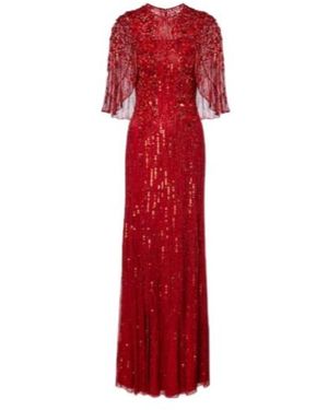 Jenny Packham Violetta Embellished Caped Gown - Red