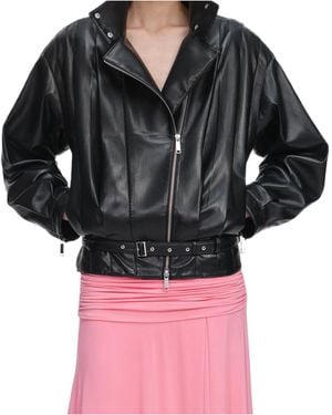 Self-Portrait Pleated Belted Biker Jacket - Black