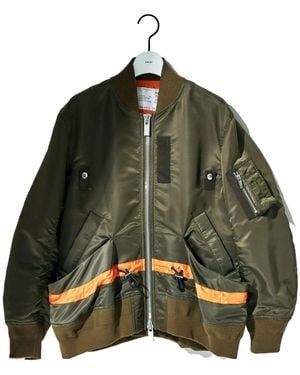 Sacai Stripe-Detail Zip-Up Bomber Jacket - Green