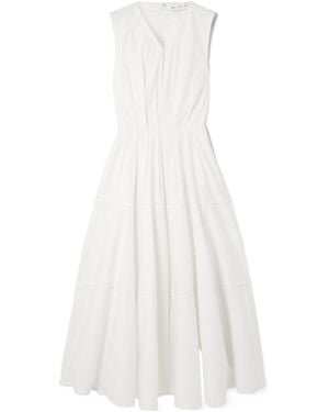 Proenza Schouler Pleated V-Neck Waist-Cinching Dress - White
