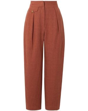 LeKasha Aouf Cropped Pleated Organic Linen Straight-Leg Pants - Red