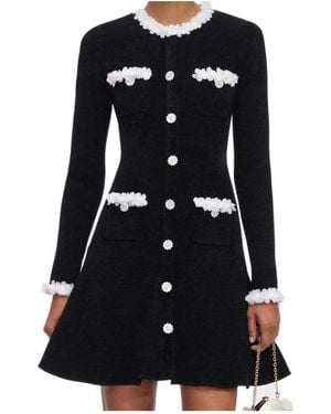 Self-Portrait Chenille Knit Flower Trim Mini Dress - Black