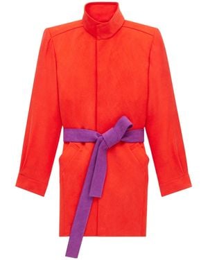 Saint Laurent Belted High Neck Coat - Red