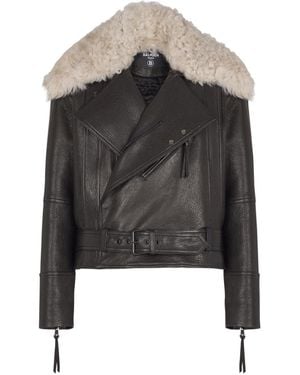 Balmain Leather Jacket With Shearling Collar - Black