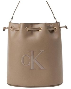 Calvin Klein Large Debossed-Logo Drawstring Bucket Bag - Natural