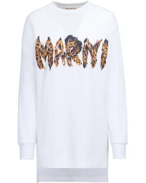 Marni Feline Print Logo Bio Jersey Long T-Shirt - White
