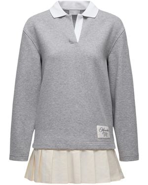 Moncler Pleated Logo Patch Long-Sleeved Polo Dress - Grey