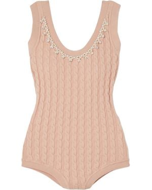 Simone Rocha Open-Back Embellished Cable-Knit Bodysuit - Pink