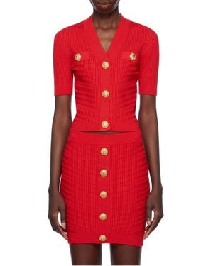 Balmain Short-Sleeve Two Pockets Buttoned Knit Crop Cardigan - Red
