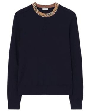 Burberry Check-Trim Wool Jumper - Blue