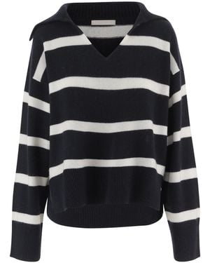 Allude Striped V-Neck Jumper - Black