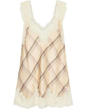 Rabanne Tartan Print Silk Tank Top With Lace Detailing - Natural