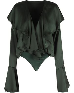Norma Kamali Long Sleeve Deep V Ruffle Bodysuit - Green
