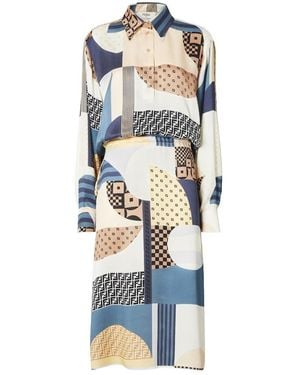 Fendi Patchwork Printed Drawstring-Waist Midi Dress - Blue