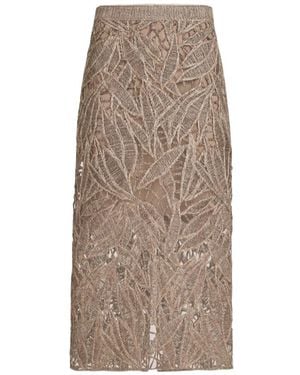 Brunello Cucinelli Opera-Embroidered Pencil Midi Skirt - Brown