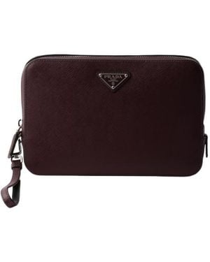 Prada Leather Logo-Plaque Clutch - Red