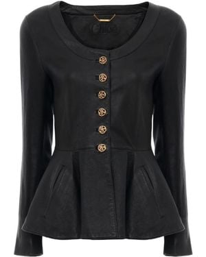 Chloé Button-Front Peplum Leather Jacket - Black