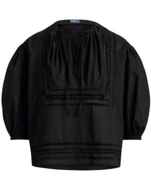 Polo Ralph Lauren Lace-Trim Cotton Blouson Shirt - Black