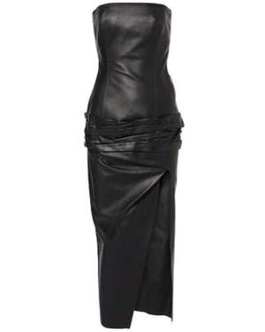The Attico Draped Strapless Leather Midi Dress - Black